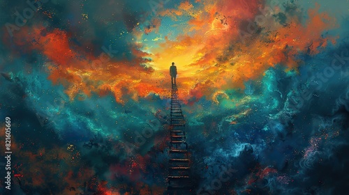 A conceptual painting of a ladder leading to the sky, symbolizing the ascent towards democratic ideals.