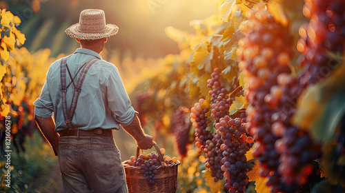 Back view of a senior man with a basket full of ripe grape in vineyard
