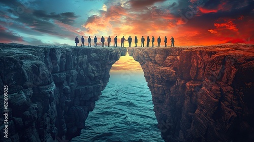 An image of a bridge made of people connecting two cliffs, symbolizing the bridging of divides in a democracy.