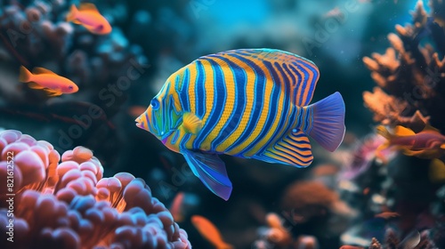 Colorful Blue and Yellow Fish in Vibrant Coral Reef