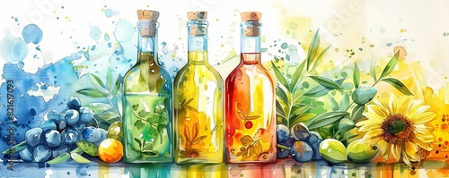 Olive oil, canola oil, and sunflower oil in clear bottles with herbs and spices, digital art, vibrant colors, detailed