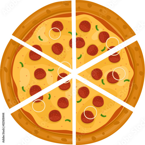 Pepperoni Pizza. Vector illustration of italian pizza. Pizza with pepperoni, vegetable, onion and cheese
