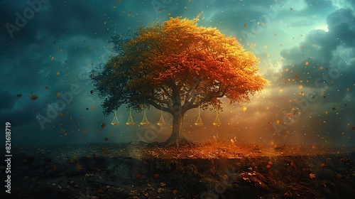 A conceptual artwork of a tree with branches holding symbols of justice and equality, representing the values of democracy.
