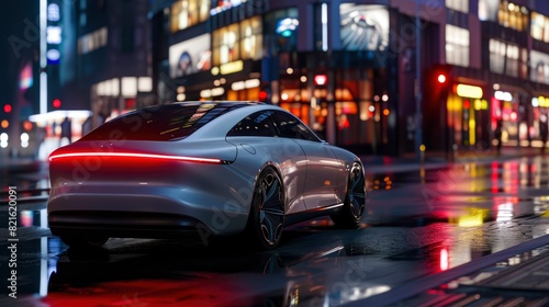 A futuristic car is driving down a wet city street at night