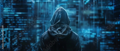 Hacker in dark hoodie programming cyber attack in digital environment. Data breaches, cybercrime, cybersecurity, and hacking concept.