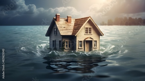 A house figure drowning in water, natural disasters and floods concept background
