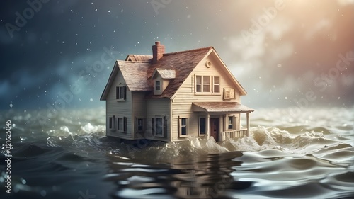 A house figure drowning in water, natural disasters and floods concept background