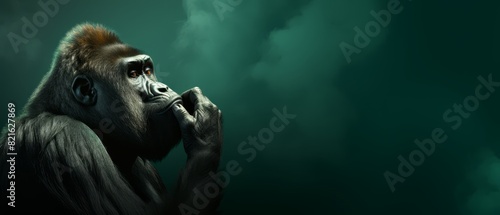 Thoughtful gorilla on forest green background, deep tones, space for text