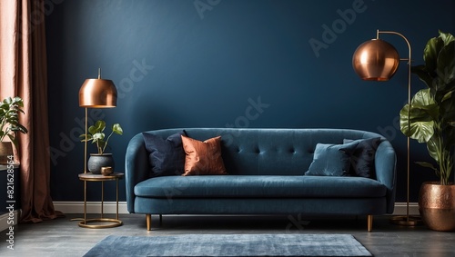 A blue velvet couch sits in front of a dark blue wall. There is a copper lamp on the left and a plant on the right.