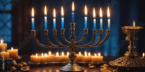 Symbols of jewish holiday - Hanukhah. A menorah with candles lit on a table. It is decorated with intricate carvings and stands on a wide base.