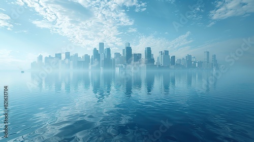 A city submerged in water with skyscrapers barely above the surface conceptual illustration of the threat of rising sea levels to coastal cities.