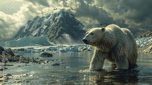 A polar bear looking out over open water with melting ice caps in the background conceptual illustration of the loss of Arctic habitats due to global warming.