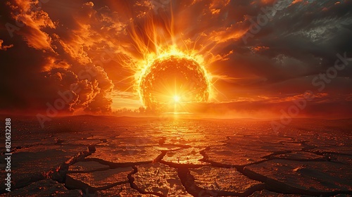 A sun emitting scorching rays onto a cracked, dry earth conceptual illustration of the extreme heat waves caused by global warming.