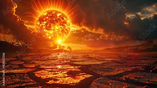 A sun emitting scorching rays onto a cracked, dry earth conceptual illustration of the extreme heat waves caused by global warming.