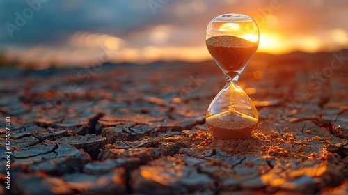 A cracked hourglass with sand spilling over a dry, cracked earth conceptual illustration of the urgency in addressing climate change.