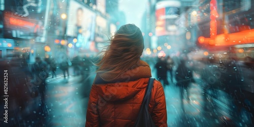 A Solitary Figure Amid the Bustling City Lights Feeling Disconnected and Overwhelmed