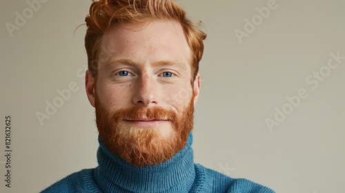 Young adult handsome red haired man portrait, nordic type male model with red hair and beard, studio shot, background with copy space, diversity and different beauty concept, AI generated image