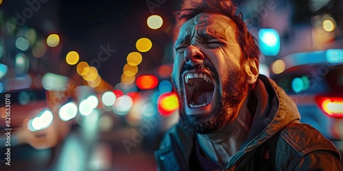 Furious Man Stuck in Nighttime Traffic Venting Intense Emotion and Anger