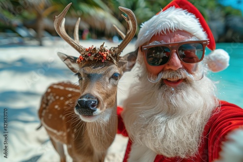 Santa Clause and his reindeers on a tropical exotic island, seacoast or beach landscape in the background, unusual funny Christmas photo for banner, article, advertisement, AI generated image