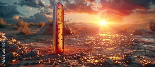 A thermometer reading high temperatures with a sun beating down conceptual illustration of the extreme heat waves caused by global warming.