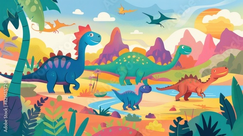 A group of dinosaurs are walking through a jungle. The scene is colorful and lively, with a sense of adventure and exploration