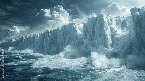 A glacier collapsing into the sea with thunderous waves conceptual illustration of rapid glacial melt and rising sea levels.