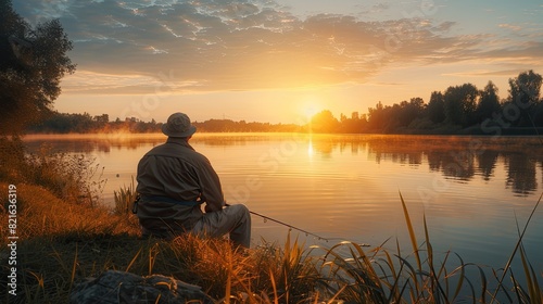 A senior man fishing at a quiet lake during sunrise, enjoying solitude and peace.