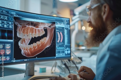 A man is looking at a computer monitor with a picture of a mouth on it
