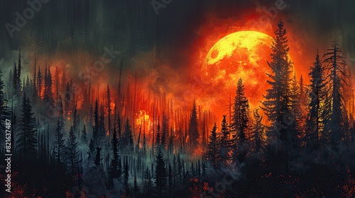 A forest with trees turning to ash under an intense sun conceptual illustration of the effects of increased wildfires due to global warming.