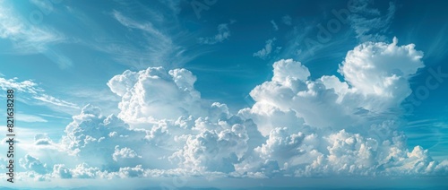 Blue sky with white clouds. Wide panorama. The background is a clear blue sky, the foreground has fluffy white clouds. A wide view of the entire scene of the beautiful cloud landscape. 