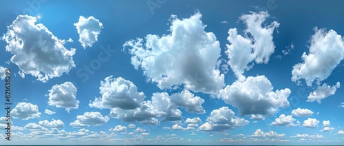 Blue sky with white clouds. Wide panorama. The background is a clear blue sky, the foreground has fluffy white clouds. A wide view of the entire scene of the beautiful cloud landscape. 