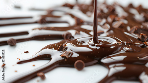 Melted Chocolate Dripping on White Background, Close-up of Delicious Dark Chocolate Melting, Tempting Dessert Concept, Sweet Treat with Rich Cocoa Flavor, Generative AI