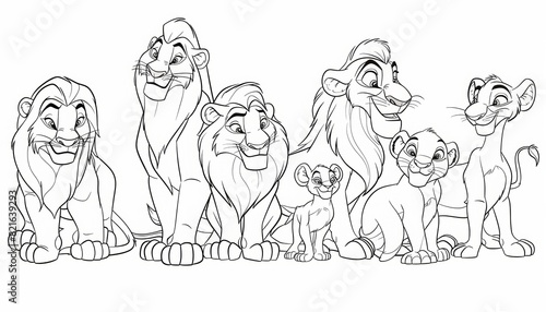 Simple line drawing for coloring, showing Cartoons: Aladdin, The Lion, The Lion King, Shrek depicting a separate story and interacting with other characters, thick lines for easy coloring by children