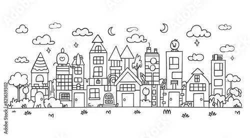 Simple line drawing for coloring, showing Kids can build different constructions with blocks, developing their imagination and creativity, which depict a separate story and interact with other