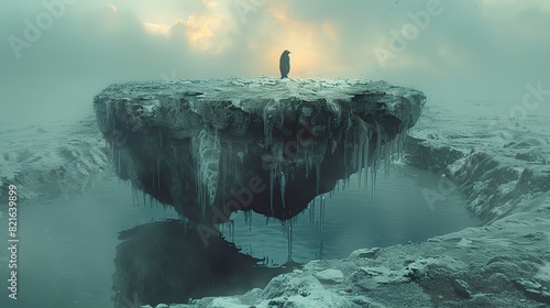 A glacier melting into a puddle of water with a stranded penguin conceptual illustration of the rapid ice melt and its impact on Antarctic ecosystems.