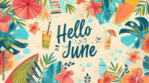 Background featuring summer elements like surfboards, beach umbrellas, and cocktails on the sides, in the center the text "Hello June" in bold, modern font