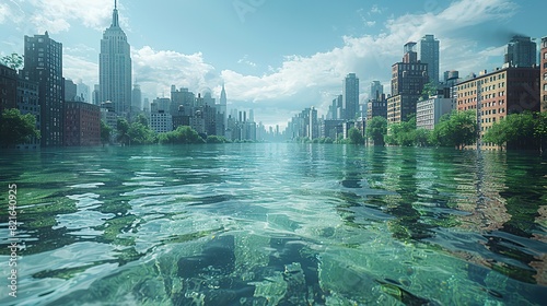 A city half-underwater with submerged streets and buildings conceptual illustration of the imminent threat of sea level rise to coastal urban areas.