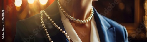 Old money fashion with tailored suit and pearls, close up, sophisticated style, vibrant, Fusion, elegant room backdrop