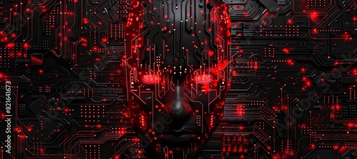 a black and red robot face with red lights