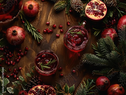 A table with a bunch of pomegranates and a glass of wine