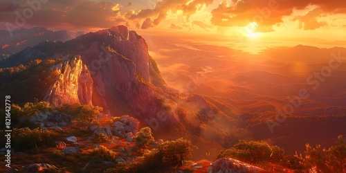Sunset Illuminating Dramatic Mountain Cliff Landscape in Digital
