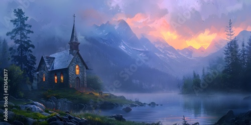 Illuminated Mountain Chapel at Peaceful Twilight Landscape Digital Painting