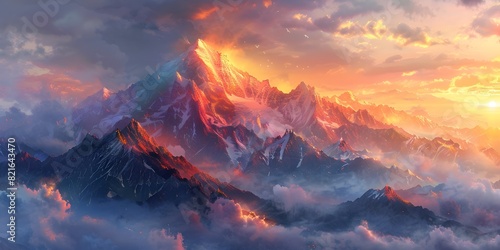Majestic Sunrise Over Misty Mountain Peaks Digital Painting of Serene Wilderness Landscape