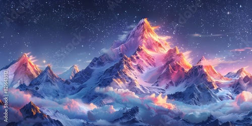 Majestic Snow Capped Peaks Under a Starry Night Sky Vibrant Digital Painting of Awe Inspiring Mountain Landscapes and Natural Serenity