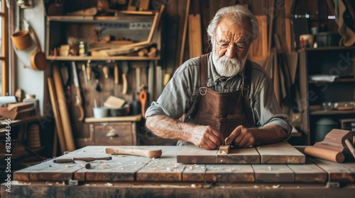 A senior man woodworking in his workshop, focused and skilled in his craft.