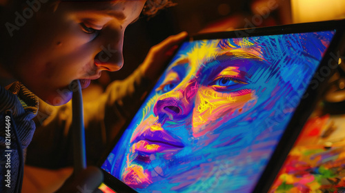 Young autistic adult creating a digital self-portrait on a graphic tablet, with the screen showing a vibrant, expressive image.