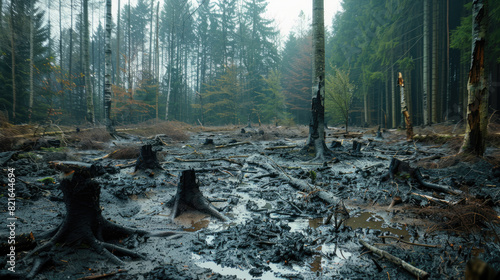 Acid rain damages on forest vegetation, showcasing environmental effects.