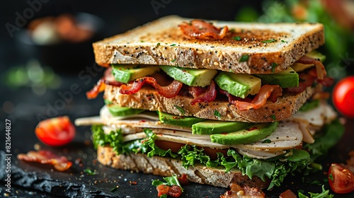 A towering club sandwich with layers of turkey, bacon, and avocado.