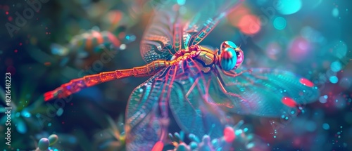 A closeup of a look strange of an insect, a dragonfly with LED wings, flying through a digital garden with blurry background, colorful styles, and closeup cinematic sharpen