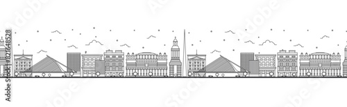 Seamless pattern with outline Dublin Ireland City Skyline. Historic Buildings Isolated on White. Dublin Cityscape with Landmarks.